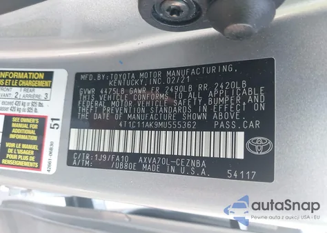 2021 Toyota Camry Le из США, поврежденный, VIN 4T1C11AK9MU555362